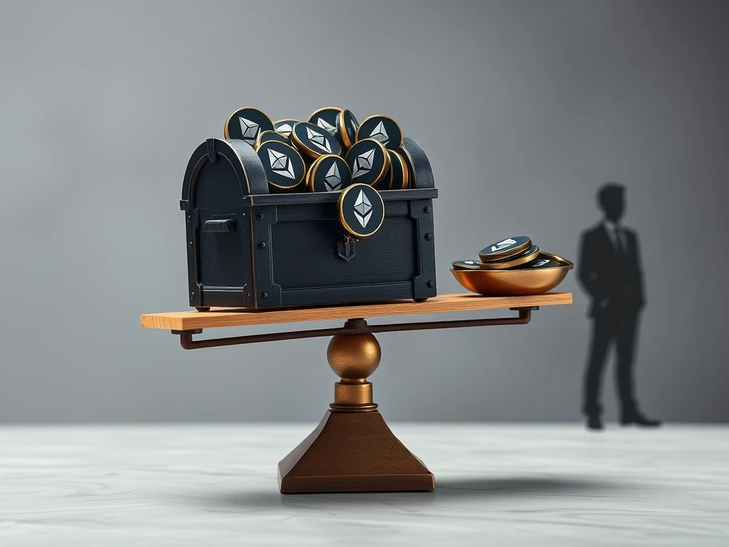 A digital representation of an Ethereum treasury, illustrating the concept of holding ETH as a corporate asset, with a warning symbol for overleverage.