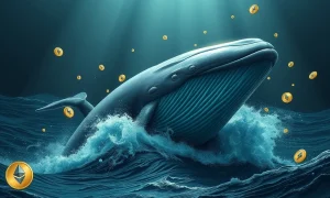 Ethereum whale emerging with digital coins representing market accumulation and recovery potential