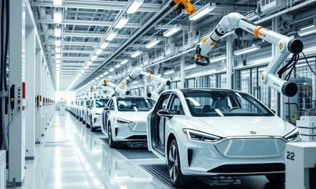 Modern EV assembly line innovation transforming automotive manufacturing with automated robotics and electric vehicle production