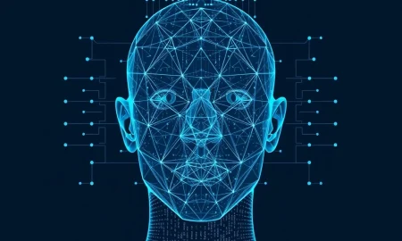 Facial recognition technology mapping human features through geometric vectors and digital patterns for identity verification