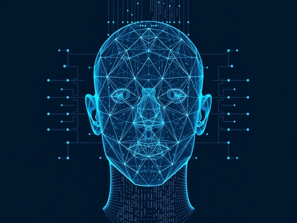 Facial recognition technology mapping human features through geometric vectors and digital patterns for identity verification