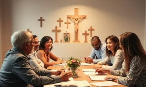 Faith-based financial planning meeting discussing retirement strategies with diverse participants