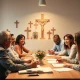 Faith-based financial planning meeting discussing retirement strategies with diverse participants