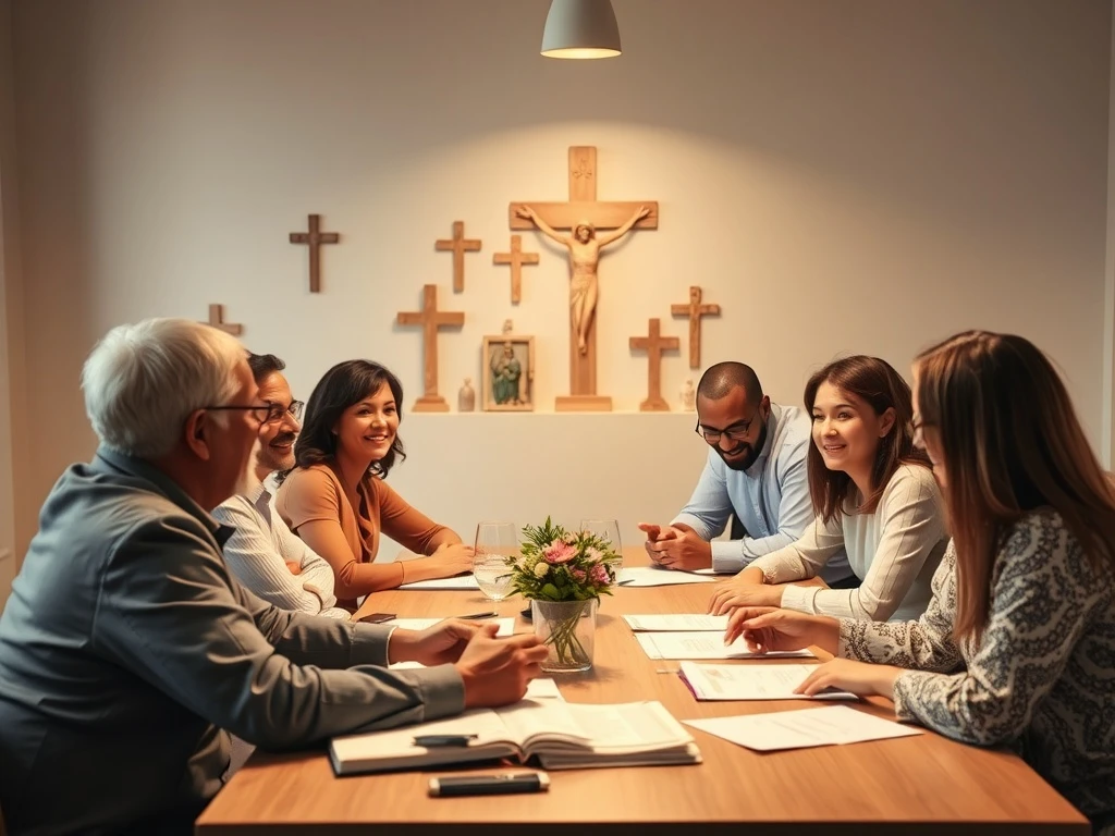 Faith-based financial planning meeting discussing retirement strategies with diverse participants