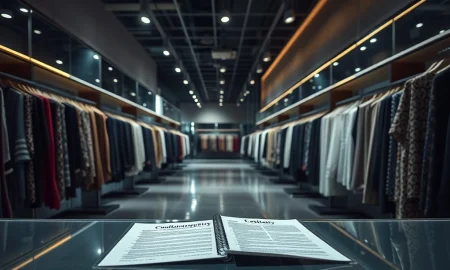 Fashion retailer bankruptcy filing documents in empty store showing financial collapse
