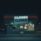 A 'Closed' sign on a deserted burger chain, symbolizing a **fast-food bankruptcy** and the end of operations.