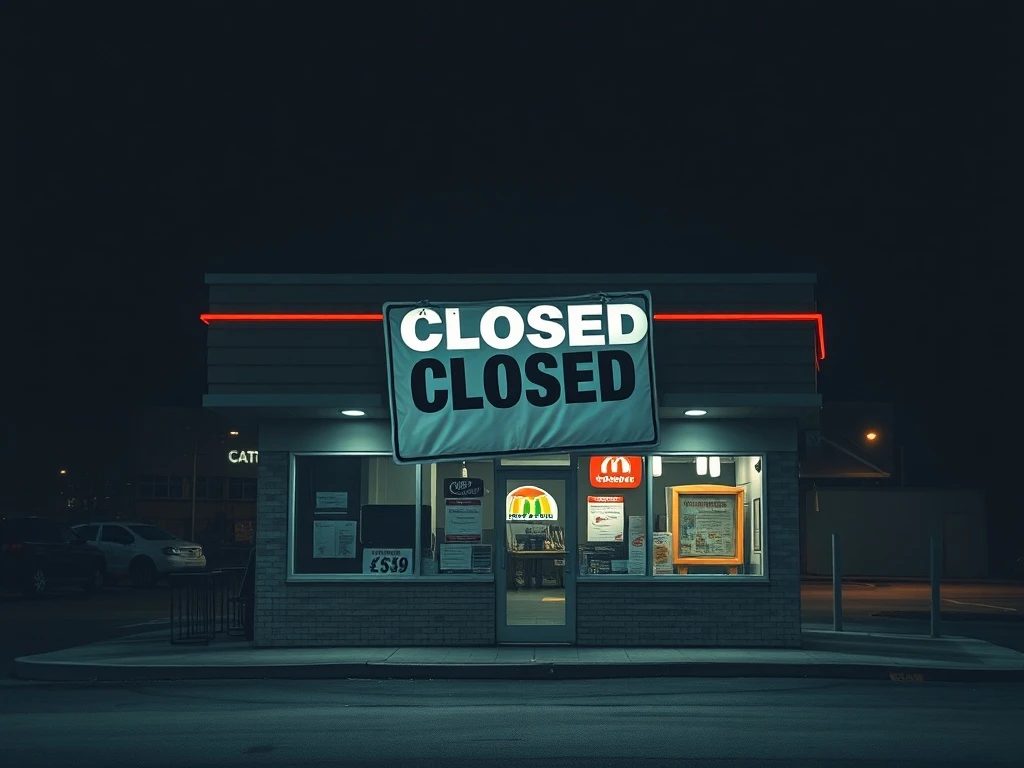 A 'Closed' sign on a deserted burger chain, symbolizing a **fast-food bankruptcy** and the end of operations.