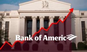 Bank of America logo overlaid on a chart depicting the Fed interest rate forecast, symbolizing the bank's unwavering economic outlook.
