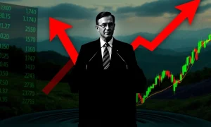 A stock market chart reacting to Fed interest rates announcements, showing market volatility.
