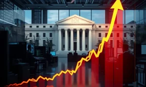 Federal Reserve building with stock market chart showing upward trend after Fed rate cuts decision