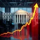 Federal Reserve building with stock market chart showing upward trend after Fed rate cuts decision