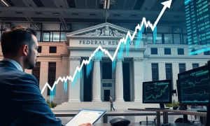 Federal Reserve building with stock market chart showing upward trend after Fed rate cuts