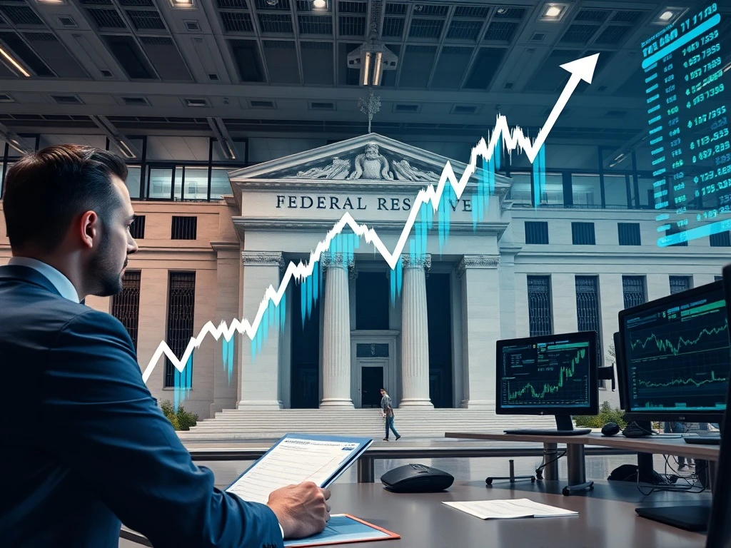 Federal Reserve building with stock market chart showing upward trend after Fed rate cuts