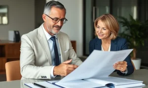 Financial adviser providing strategic wealth management consultation to investment executive