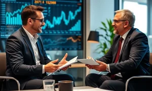 Financial adviser providing strategic wealth management consultation to investment executive