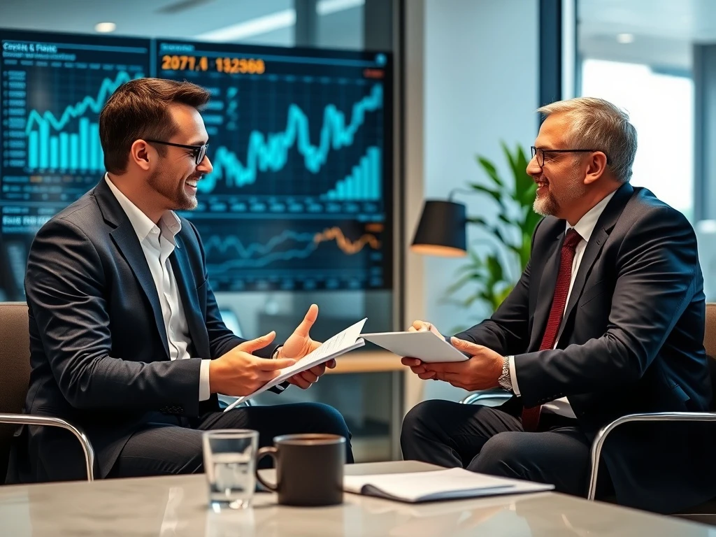 Financial adviser providing strategic wealth management consultation to investment executive