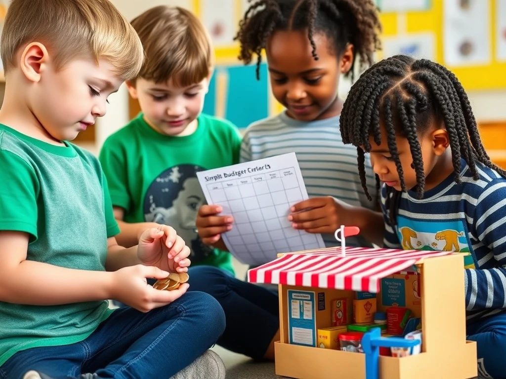 Children actively learning financial literacy for kids through hands-on activities like counting money and managing a mock budget.