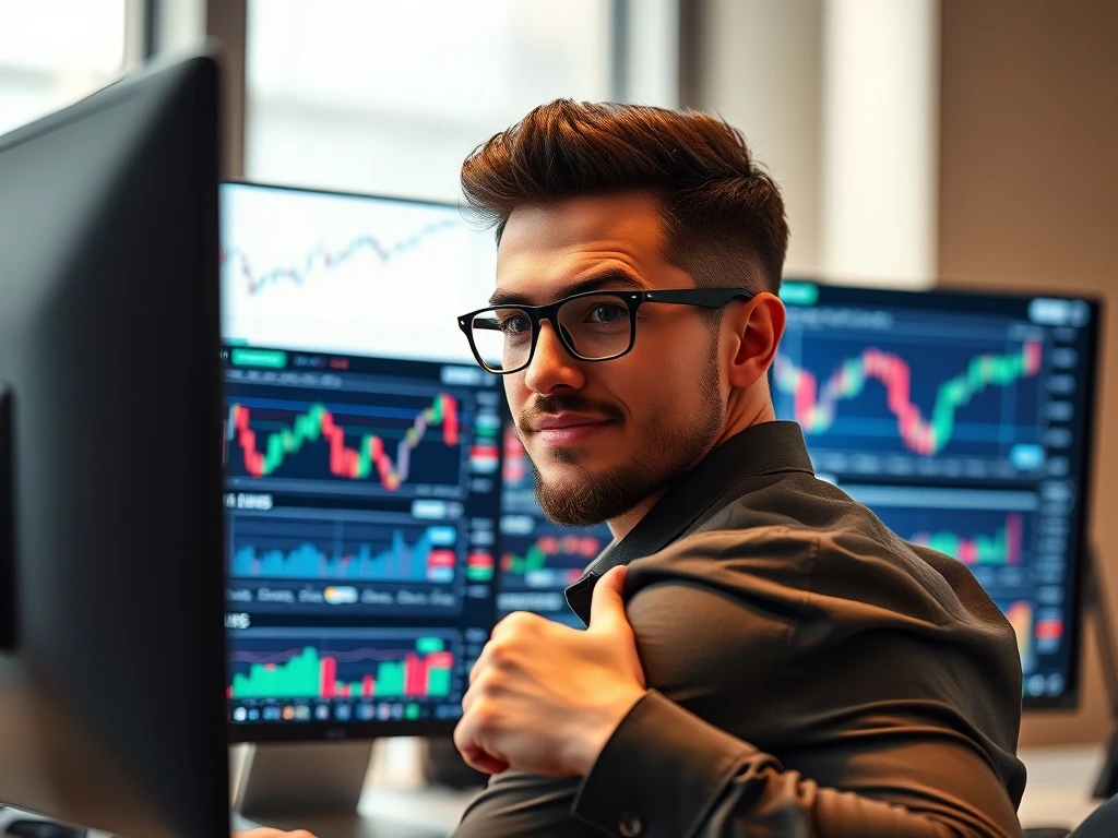 Finstera com Review: A trader confidently navigating a powerful online platform, making smart financial moves with diverse assets and advanced tools.