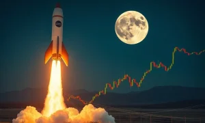 A rocket launching into space, symbolizing the growth of Firefly stock and the booming space industry.
