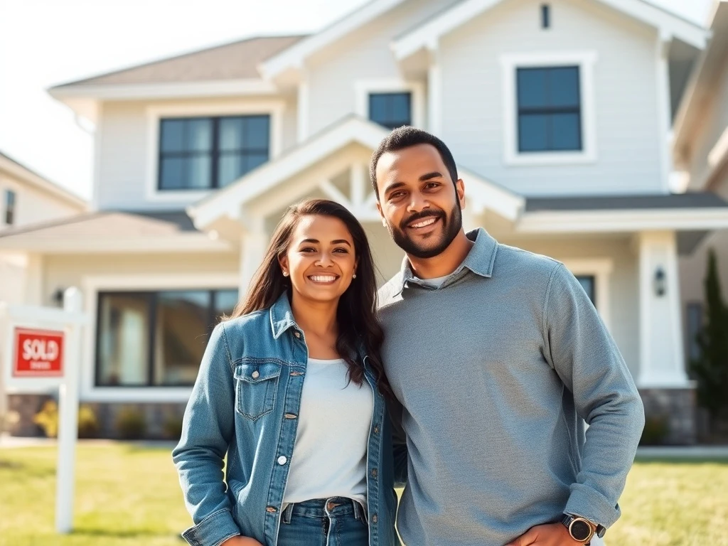 A happy couple holding keys in front of their new home, symbolizing the success for first-time home buyers.