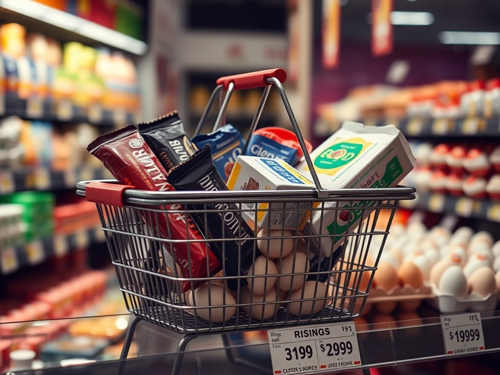 Rising food inflation shown through expensive chocolate, butter and eggs in shopping basket