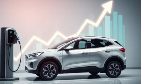 Ford EV stock performance, depicting a sleek electric vehicle and upward trending financial charts.
