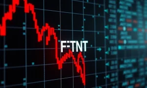 A red downward arrow on a stock chart graph, symbolizing the significant Fortinet stock drop and its impact on investors.