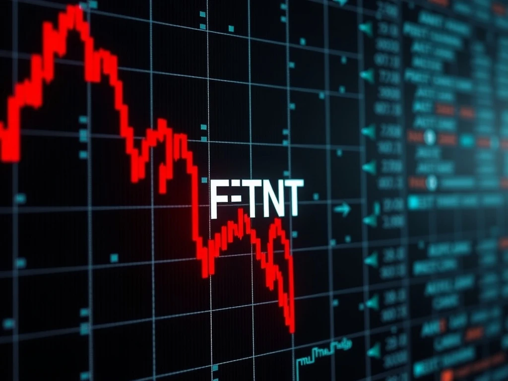A red downward arrow on a stock chart graph, symbolizing the significant Fortinet stock drop and its impact on investors.