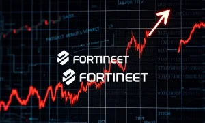 A downward trending chart representing Fortinet stock, highlighting potential financial challenges for the cybersecurity company.