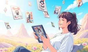 A user happily engaging in free manga reading on a digital tablet, surrounded by vibrant manga panels, symbolizing accessibility and enjoyment.