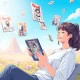 A user happily engaging in free manga reading on a digital tablet, surrounded by vibrant manga panels, symbolizing accessibility and enjoyment.