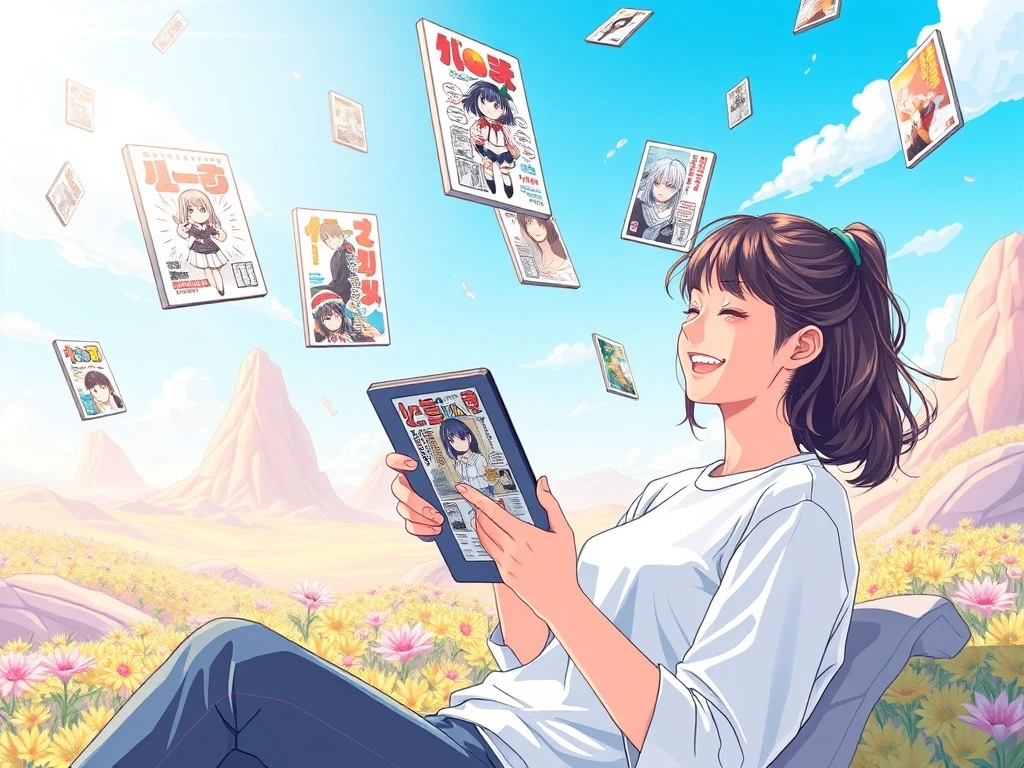 A user happily engaging in free manga reading on a digital tablet, surrounded by vibrant manga panels, symbolizing accessibility and enjoyment.