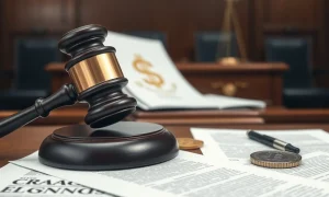 A gavel striking a sound block on a legal desk, symbolizing the ongoing FTX lawsuit and the pursuit of justice for victims.
