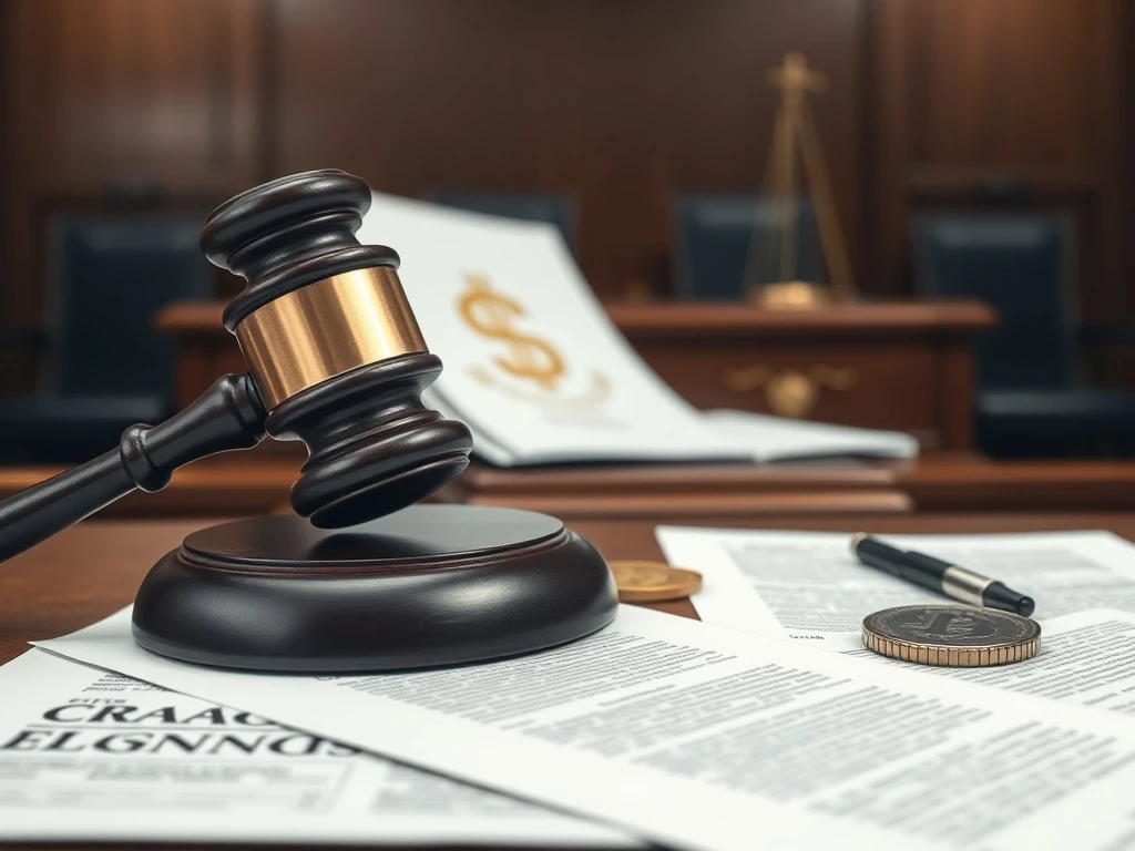 A gavel striking a sound block on a legal desk, symbolizing the ongoing FTX lawsuit and the pursuit of justice for victims.