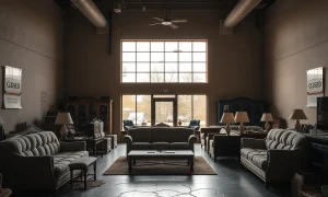 Furniture retailer closes all locations showing empty showroom with closed signs
