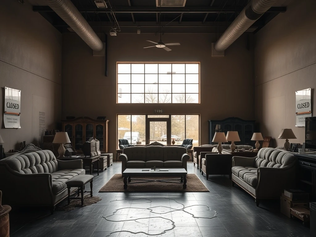 Furniture retailer closes all locations showing empty showroom with closed signs