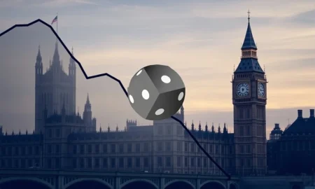 A downward-trending stock market graph illustrates the financial impact of **gambling tax hike** fears on UK firms.