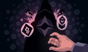 An abstract illustration showing the resilience and evasion tactics of Garantex, a sanctioned cryptocurrency exchange, against regulatory efforts.