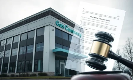 Visualizing the significant impact of a **gas company bankruptcy** filing, depicting a corporate building under financial distress.