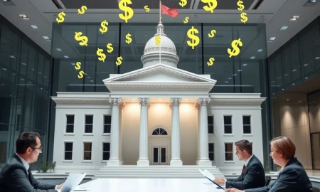 US Treasury officials reviewing GENIUS stablecoin bill documents with digital currency graphics