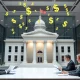 US Treasury officials reviewing GENIUS stablecoin bill documents with digital currency graphics