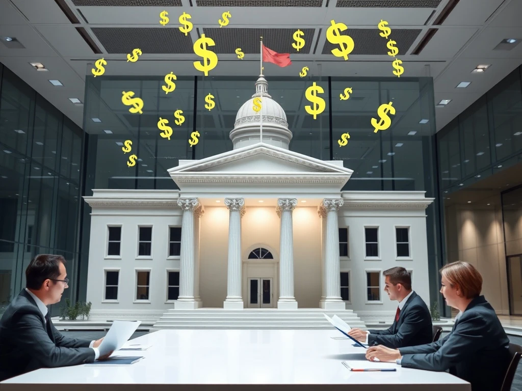 US Treasury officials reviewing GENIUS stablecoin bill documents with digital currency graphics