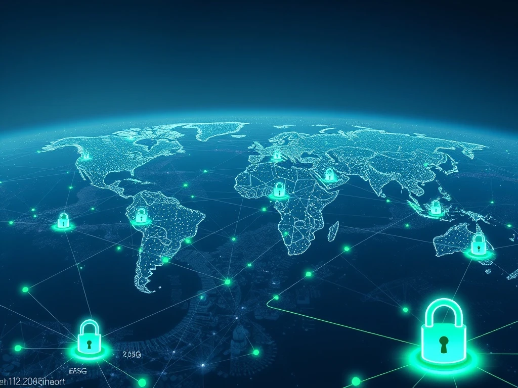 An abstract visual representing global equity flows, with digital lines connecting continents and symbols of trust and sustainability.