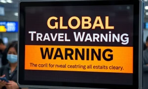 A digital display at an airport showing a 'Global Travel Warning' advisory, highlighting the immediate impact of the new virus outbreak on international travel.