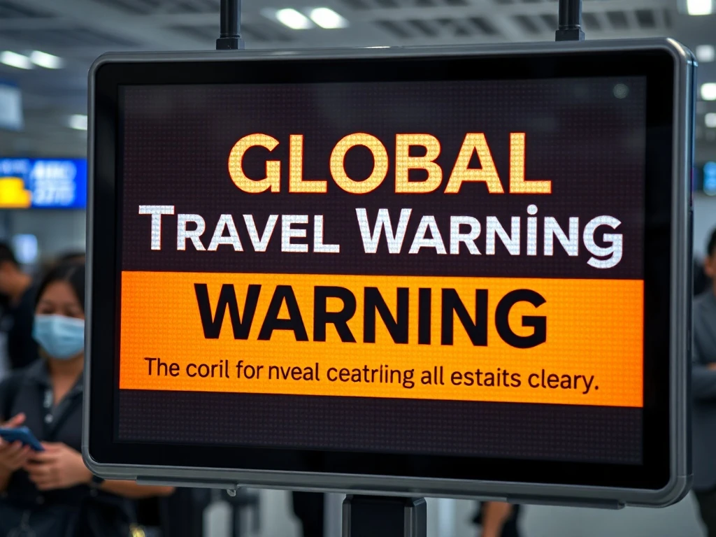 A digital display at an airport showing a 'Global Travel Warning' advisory, highlighting the immediate impact of the new virus outbreak on international travel.