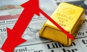 A bar chart showing a sharp **Gold Price Drop** with an arrow pointing downwards, symbolizing market volatility and economic shifts.