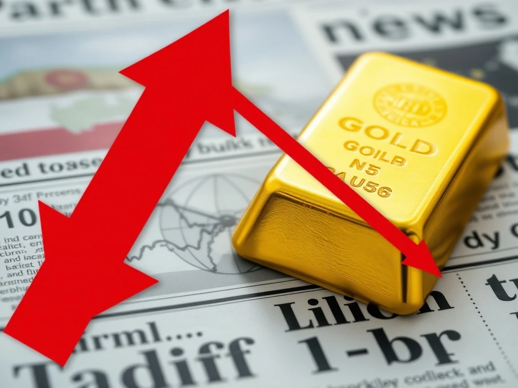 A bar chart showing a sharp **Gold Price Drop** with an arrow pointing downwards, symbolizing market volatility and economic shifts.