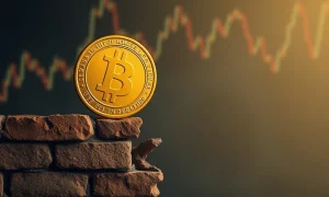 A golden coin teetering on a crumbling wall, representing the anticipated gold price fall from the 'Wall of Worry' as predicted by analysts.