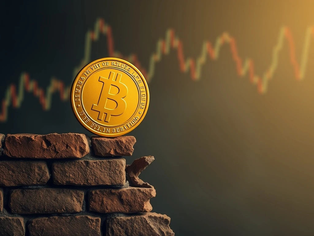 A golden coin teetering on a crumbling wall, representing the anticipated gold price fall from the 'Wall of Worry' as predicted by analysts.