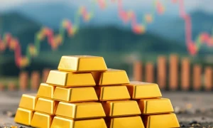 A stack of gleaming gold bars symbolizing the recent drop in gold price due to U.S. tariff plan clarifications.
